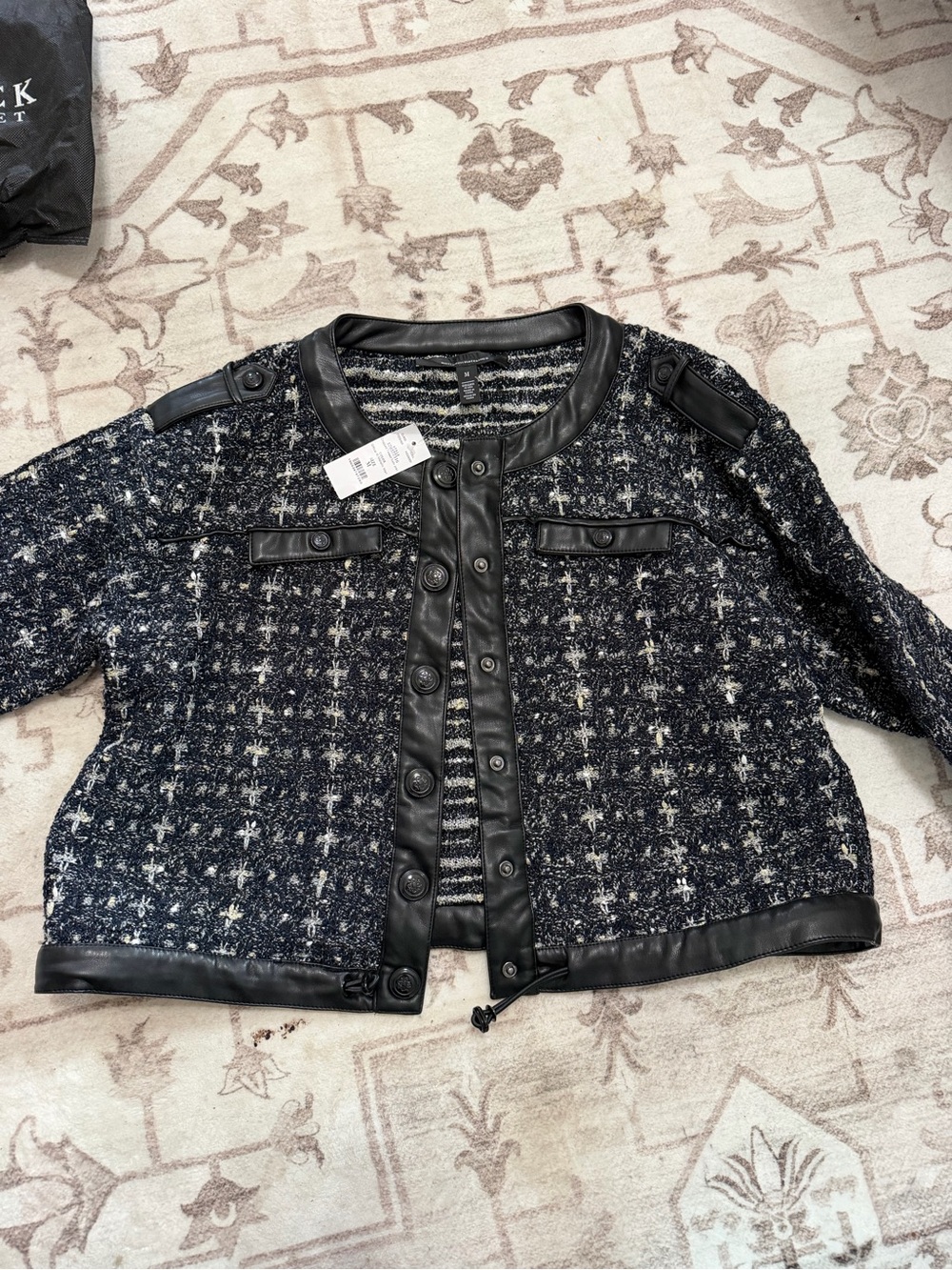 White House Black Market Black and White Tweed Jacket with Faux Leather Trim